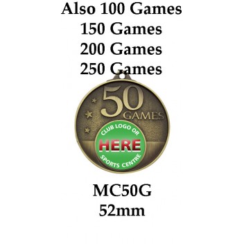 Rugby Medals MC50G, - 52mm - Also 100, 150, 200 & 250 Games